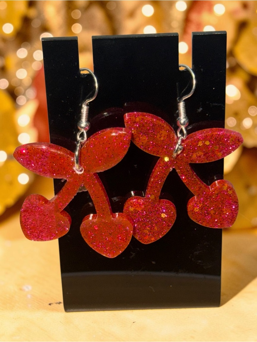 Handmade Pink Glitter Heart Cherry Resin Earrings
